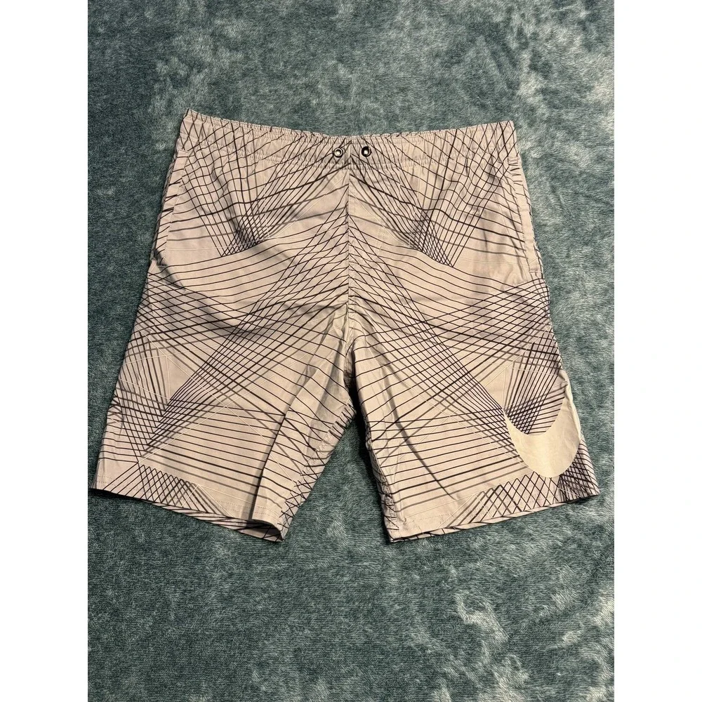 Nike Board Shorts Small Men Grey Geometric Grid Swoosh Mesh Lined Swim Trunks
